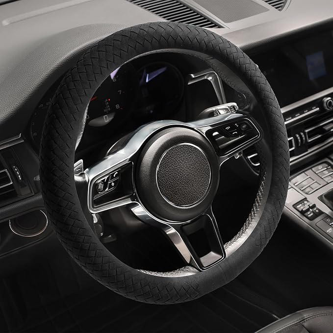 Suede Steering Wheel Cover with Upgraded Silicone Inner Ring, Breathable, Anti-Slip, Leather Universal 14.5 to 15 Inch Steeri