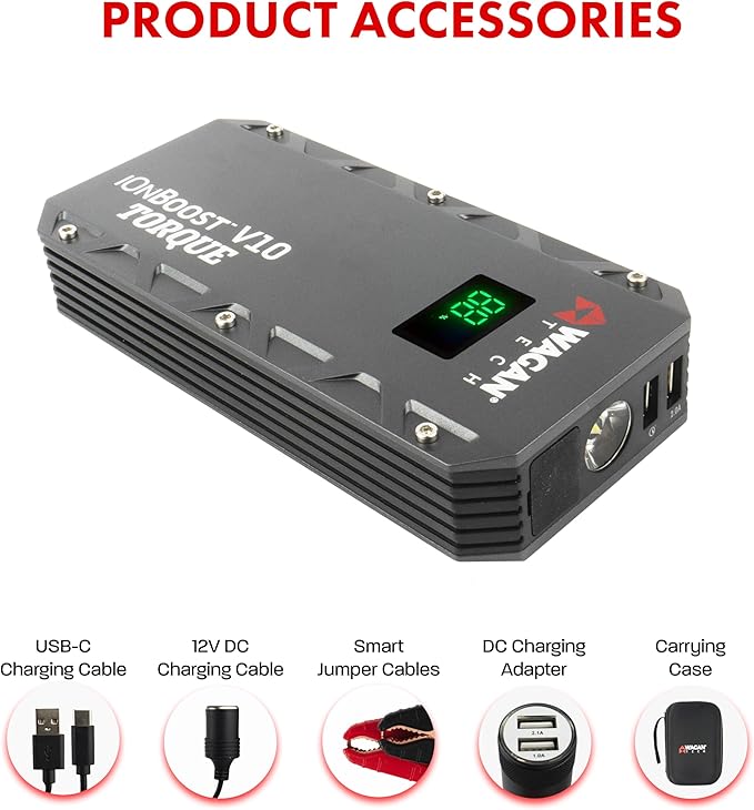 Wagan EL7507 Jump Starter iOnBoost V10 Torque 1000Amp Peak 12V Portable Lithium Car Battery Up to 7.8L V10 or 6.7L Diesel,