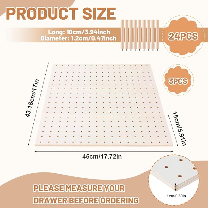 3 Pcs Wood Pegboard Drawer Organizer with 24 Pegs Wooden Peg Board Drawer Shelf Organizer Adjustable Peg System for Dishes Pl