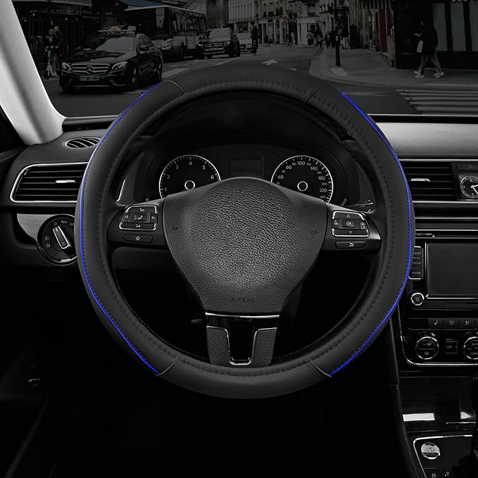 Road Comforts Leather Steering Wheel Cover with Decorative Trim and Piping, Anti-Slip Breathable Design, Fits 14.5–15 Inch Ro