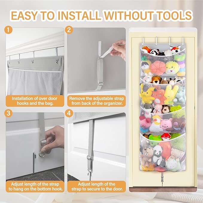 Woodoulogy Hanging Stuffed Animal Storage, Over Door Large Plush Toy Organizer with Metal Hook, Baby Accessory Holder Idea fo