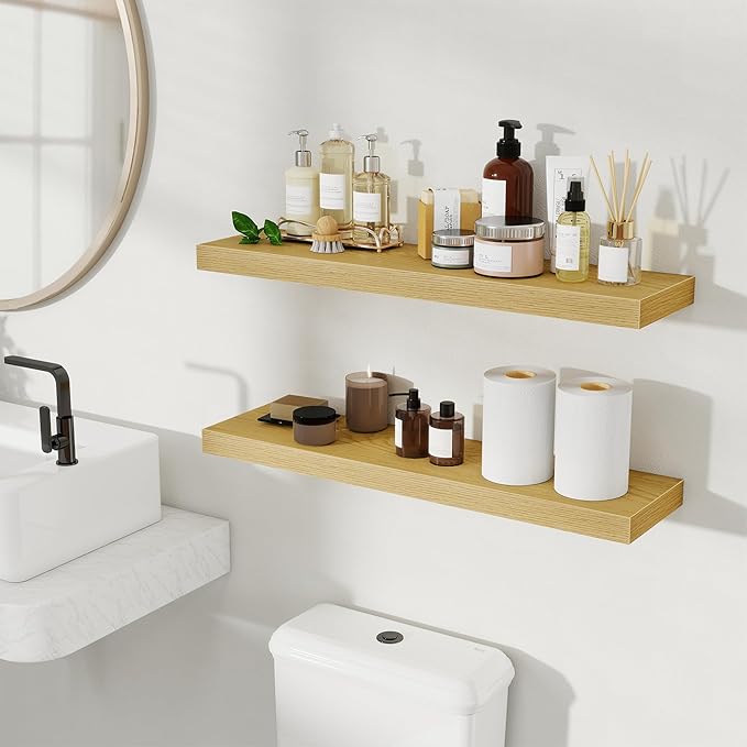 Fun Memories Rustic Wood Floating Shelves for Wall, Space-Saving Wall Mounted Shelves for Bathroom, Bedroom, Living Room and 