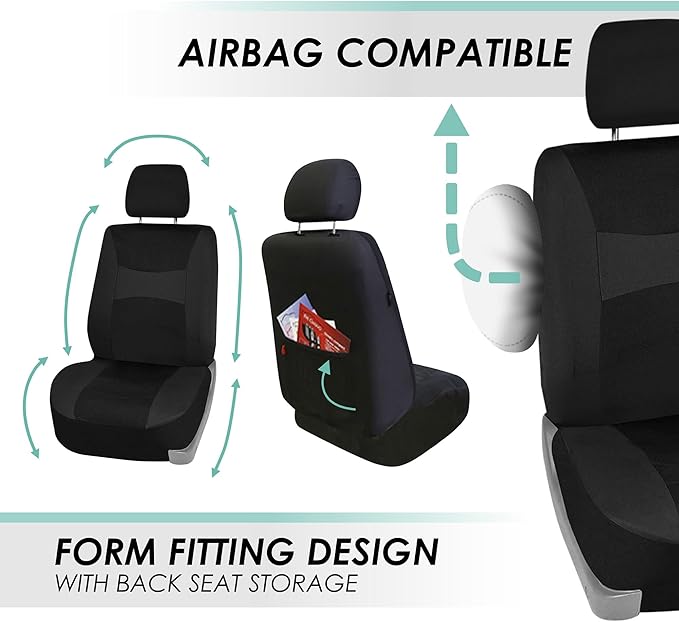 FH Group Car Seat Covers Front Set Black Cloth -Seat Covers for Low Back Car Seats with Removable Headrest,Universal Fit,Auto