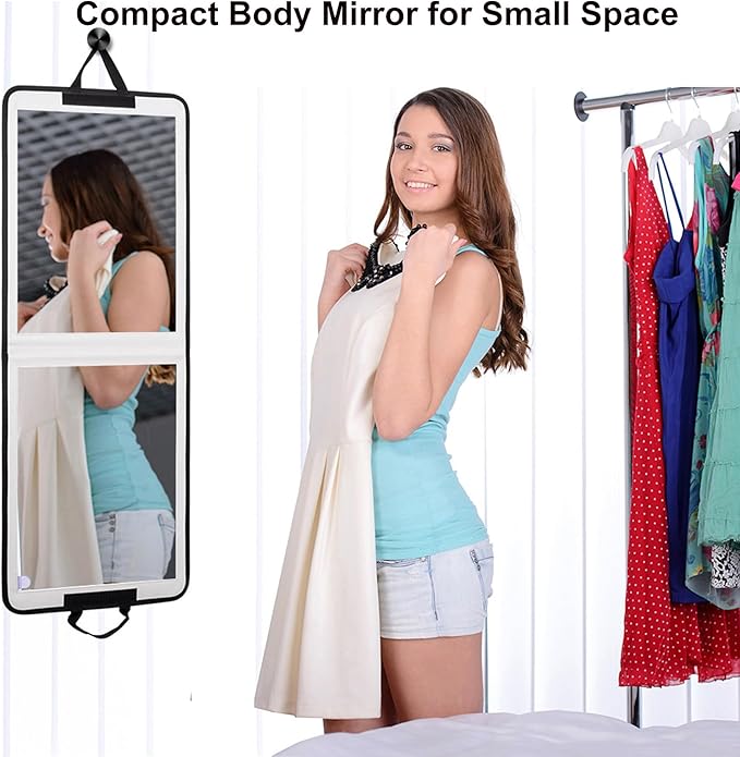 LPHUMEX Foldable Full Length Mirror White with Black Handles Hanging, 13x33 inch Portable Folding Body Mirror for Dance, Fest