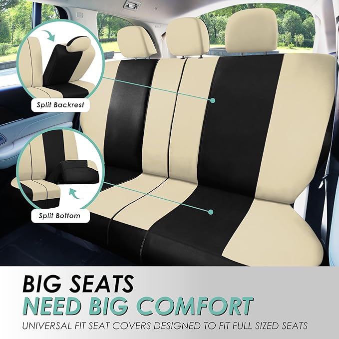 FH Group Car Seat Covers Rear Set Cloth - Universal Fit Automotive Seat Covers, Low Back Front Seat Covers, Solid Back Seat C