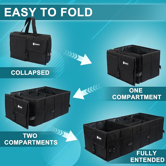 Sposuit Extra Large Trunk Organizer 98L Collapsible Car Storage Trunk Organizer with Removable Dividers & Adjustable Securing