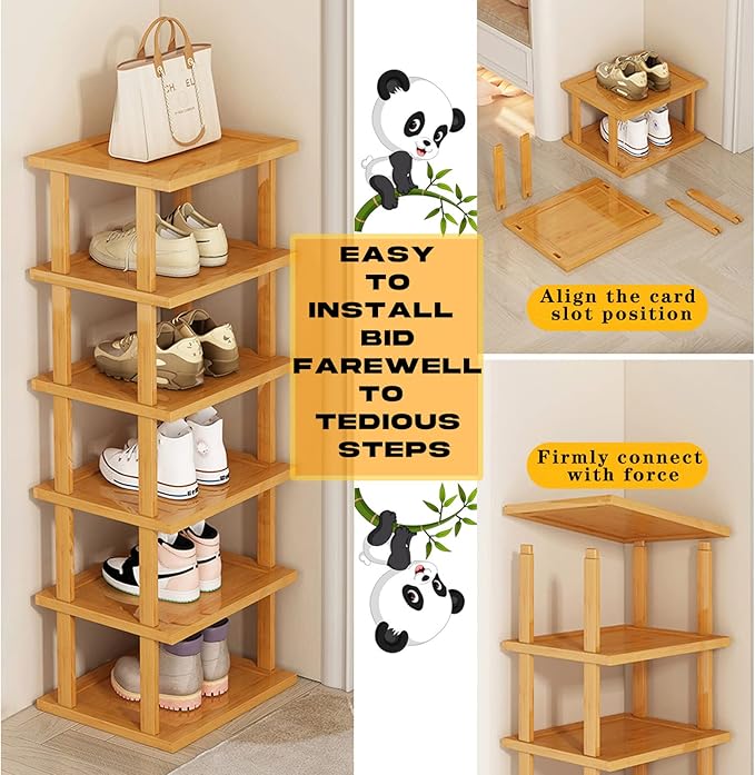 Bamboo Shoe Rack - Vertical Shoe Rack for Small Spaces, Tall Narrow Shoe Rack Organizer for Closet Entryway Corner Garage and