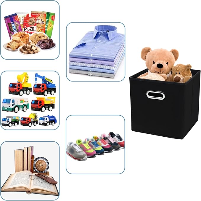 Black Fabric Cubby Storage Bins，13x13x13 Inches ，Cube Organizer Bin Foldable Storage Boxes with Dual Handles Fabric Organizer