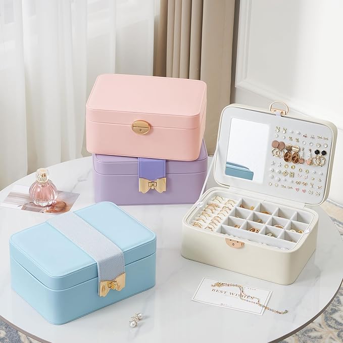 Lolalet 2 Layer Jewelry Box with Lock and Key for Teen Girls & Young Women, Jewelry Organizer Case with Round Clasp and Mirro