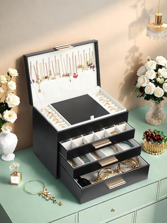 BOOVO Jewelry Boxes for Women, 5 Layer Jewelry Organizer with Necklace Hanger and Drawers, Large Jewelry Box for Earrings, Ne