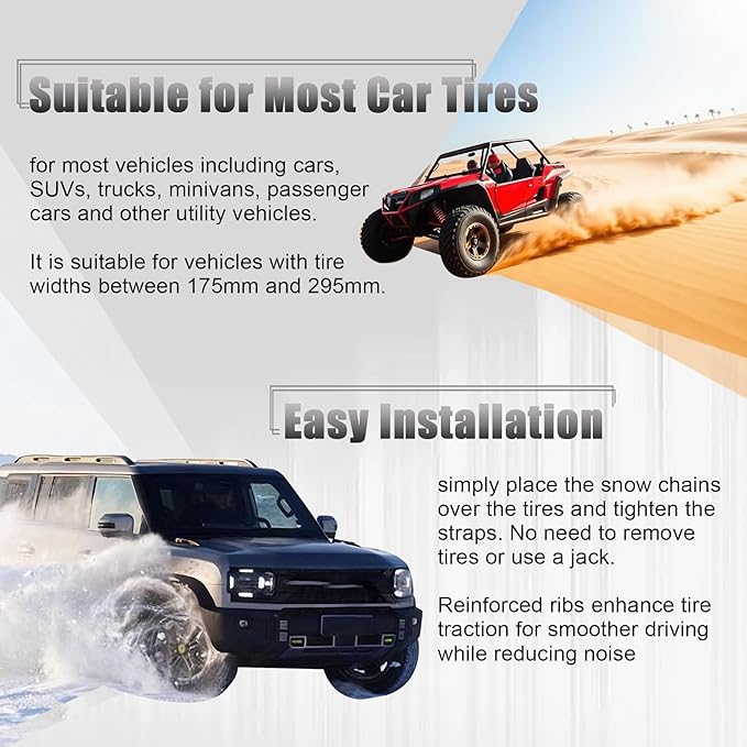 12 PCS Adjustable Anti-Slip，Reusable Snow Chains Fit for Most Car，SUV，Pickup Trucks Car for Snow Ice Sand Mud Road Mountain R