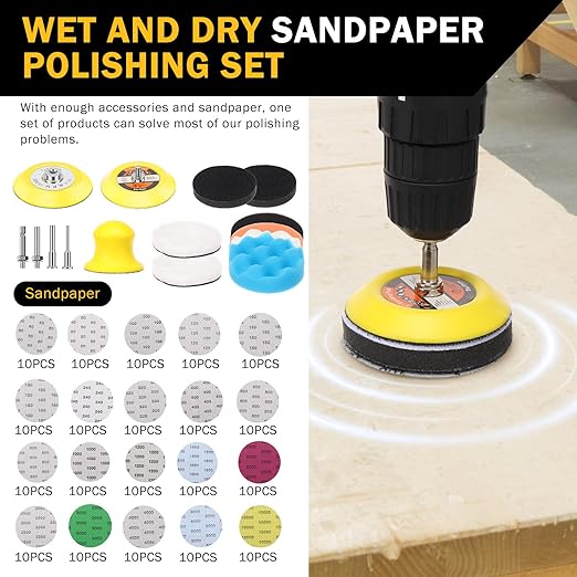 215Pcs 3 Inch Sanding Disc Drill Polishing Kit, Headlight Restoration Kit, Hook and Loop Sanding Pads - 60 to 10000 Grits Wet