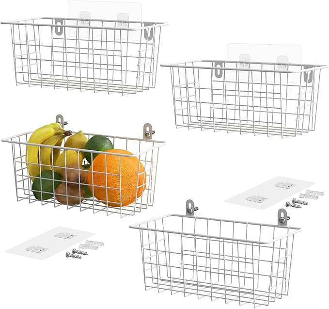 MaraFansie Hanging Wire Baskets Kitchen Storage Basket Adhesive and Screws Basket Over the Cabinet Door Organizer with Adhesi
