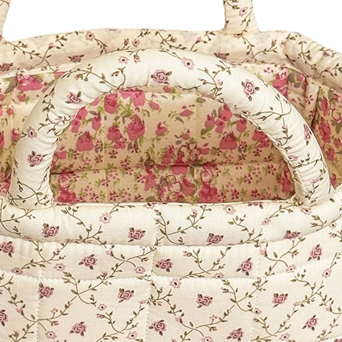 Small Storage Basket Organizer, Mini Fabric Floral Storage Baskets with Handle, Quilted Portable Collapsible Storage (P)
