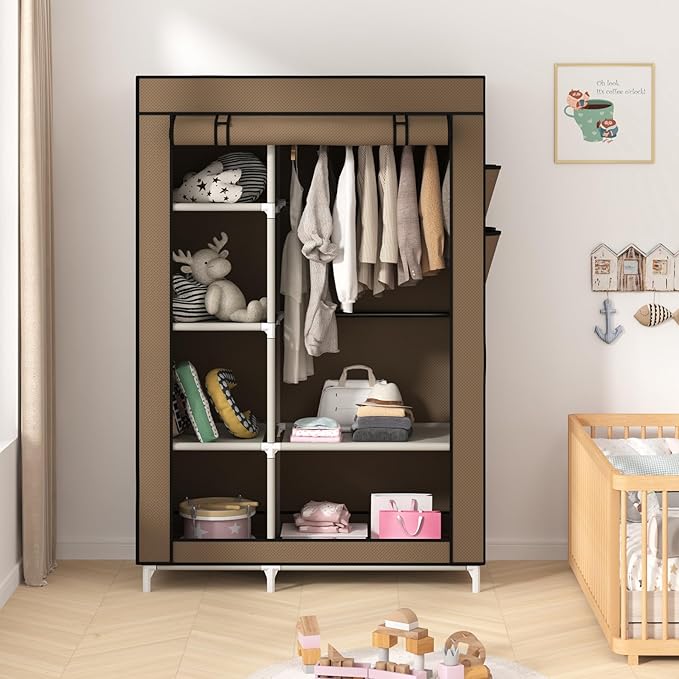 Calmootey Portable Closet Organizers, Clothing Storage, Wardrobe with 6 Shelves and Hanging Rod, Non-Woven Fabric Cover with 