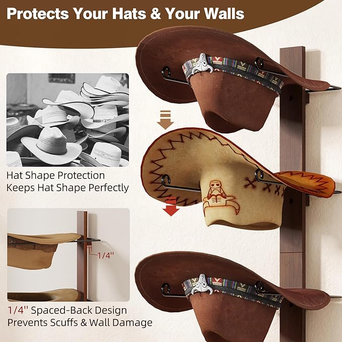 Cowboy Hat Holder, 3-Piece Wall Mount Cowboy Hat Rack for Wall Holds up to 6 Hats – Wooden + Metal Rustic Western DIY Hat Rac