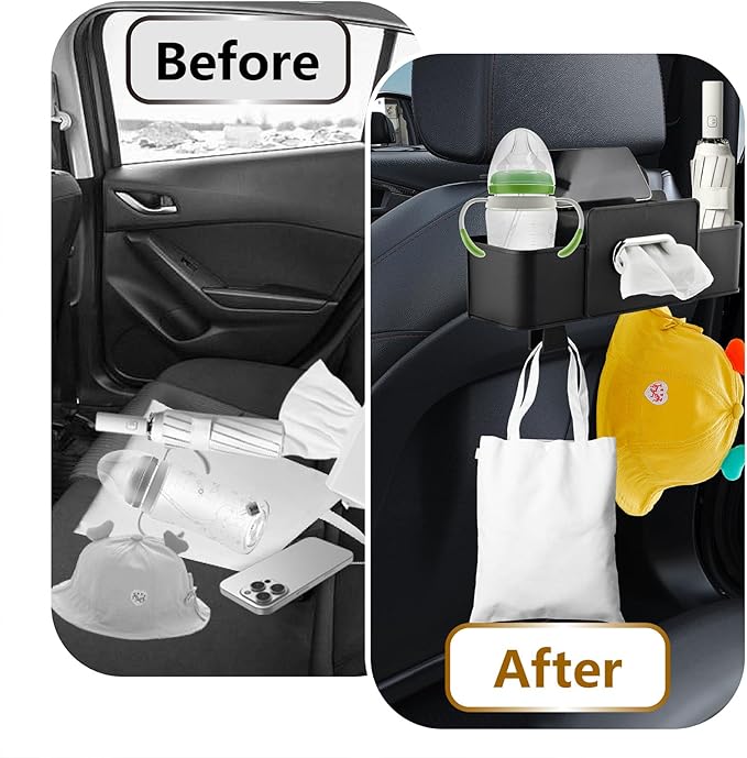 Back Seat Car Organizer, Multifunctional Car Seat Back Storage Box with Hook Tissue Box Cup Holder can Hold Phone Drinks Handbag fits Most Vehicles(COLOR:Black)