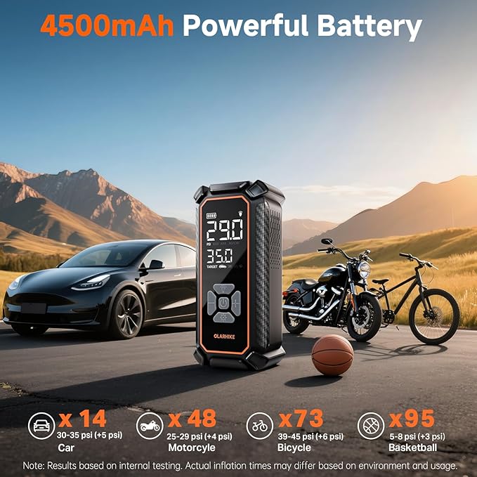 OlarHike Cordless Tire Inflator Portable Air Compressor,Mini Bike Pump with LED Light & Digital Pressure Gauge, Dual Power Air Pump for Car Tires, Motorcycle, Bicycle, Ball