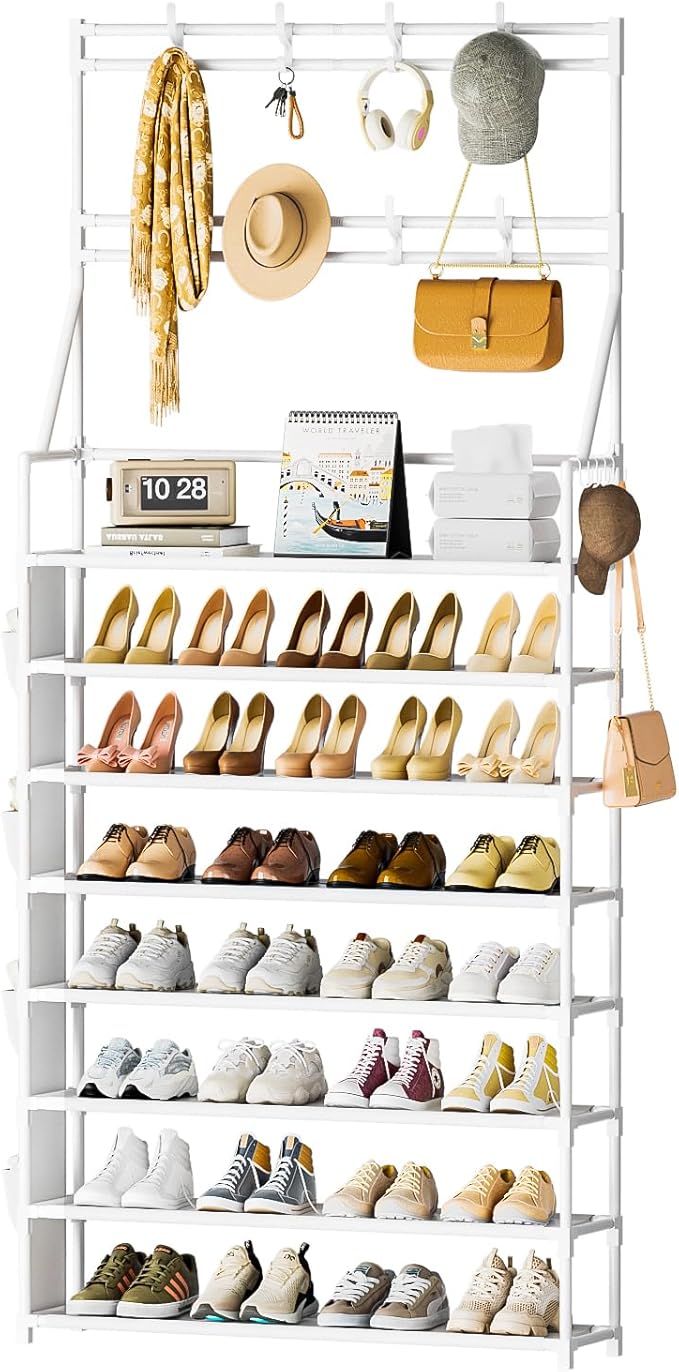 OYREL Shoe Rack 8 Tier Large Shoe Organizer Storage 32-40 Pairs Metal Shoe Storage Rack with Hooks and Side Pocket for Entran