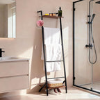 5 Tier Blanket Ladder with Shelf and Hooks, 4.8ft Metal Ladder Shelf Blanket Holder Storage Rack for Living Room, Free Standi