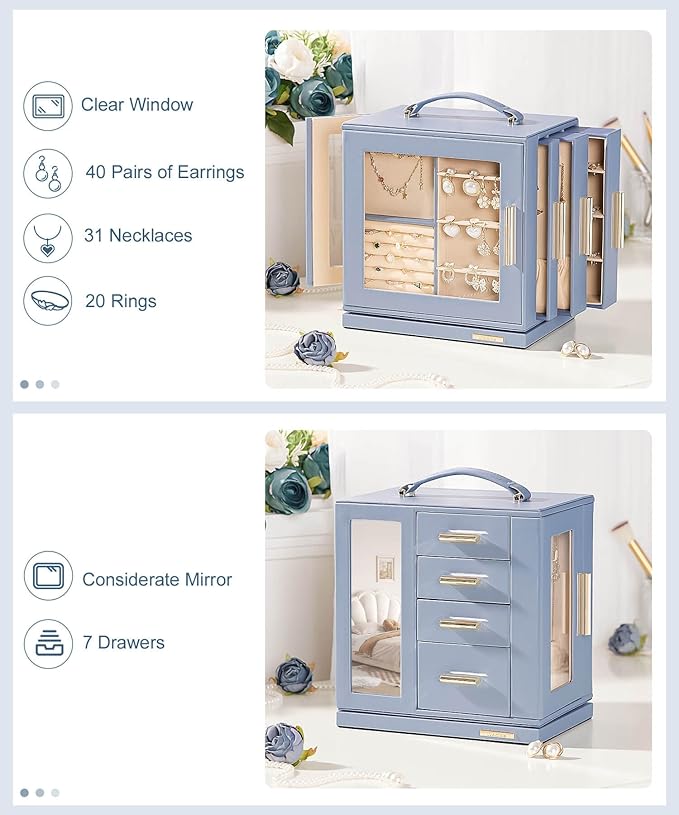 Homde Jewelry Box 360° Rotating, Necklace Earring Organizer with Transparent Window, Mirror, 7 Drawers, Large Ring Display St