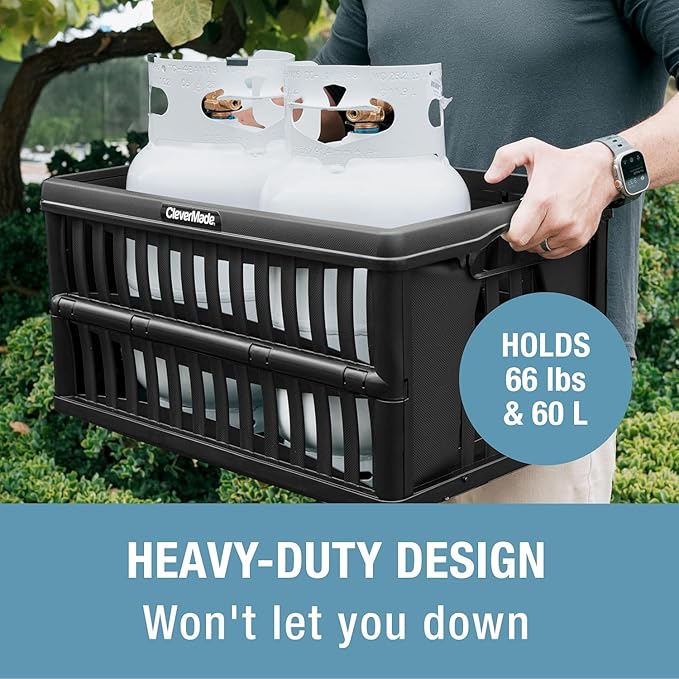 CleverMade 60L Collapsible Utility Crate (66 lb Capacity), Heavy Duty Folding Storage Crate, Stackable Plastic Organizer for 