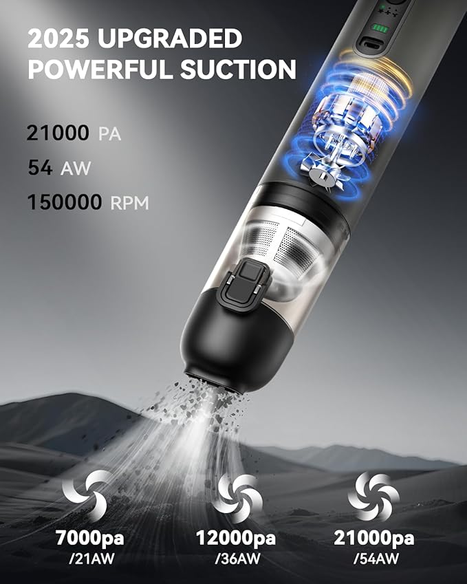 Car Vacuum, Handheld Vacuum Cordless with 21000Pa Powerful Suction & 3 Modes, 4-in-1 Portable Hand Held Mini Vacuum Cleaner R
