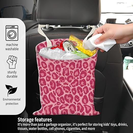 Car Garbage Can, Seat Back Hanging Cute Car Trash Can Bag, Car Organizer and Storage Bag for Travelling, Outdoor Cute Pink Leopard
