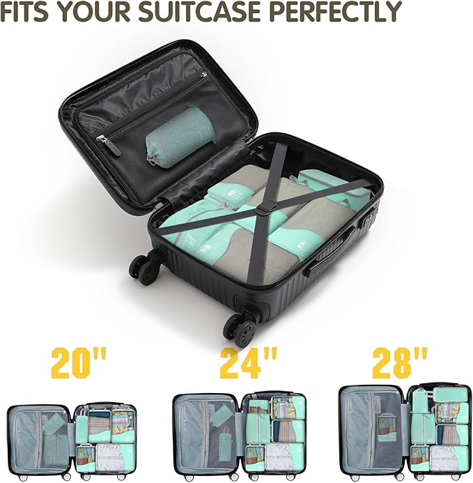Compression Packing Cubes 8 Set, Dual Zipper Compression Packing Cubes for Travel, See-Through Mesh Packing Bags for Suitcase