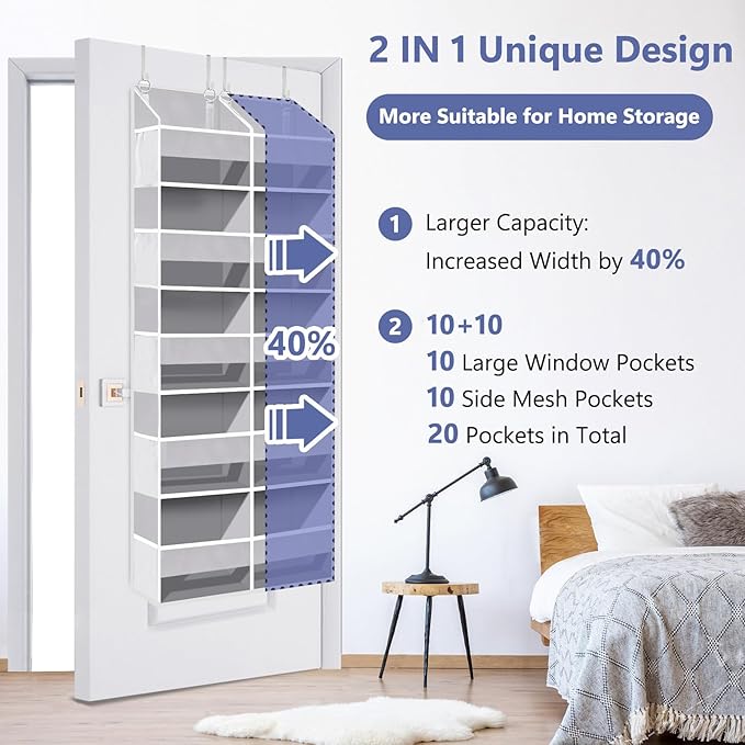 UVIAHOMI Heavy Duty Over The Door Organizer 5 Tiers, Extra Large Behind Door Storage of 10 Front & 10 Mesh Pockets, 80lb Weig