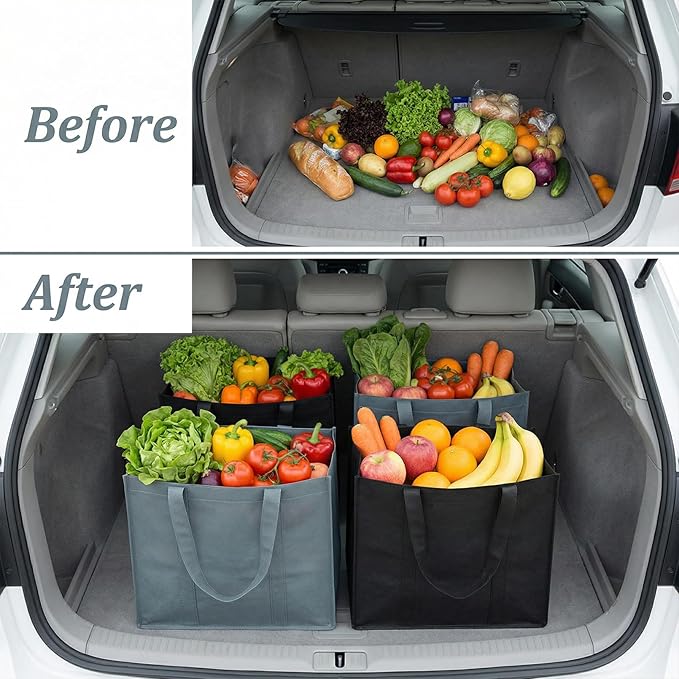 12 Pack Reusable Grocery Bags, Large Foldable Shopping Bags with Reinforced Handles, Heavy Duty Tote Bags for Grocery Shopping, Washable Storage Bags, Grey & Black | Large, Foldable, Reinforced Handles, Heavy Duty, Washable, Storage