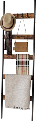 Blanket Ladder, 5-Tier Towel Holder with 4 Removable Hooks, Farmhouse Wall Leaning Decorative Rack Shelf, Wooden Towel Displa