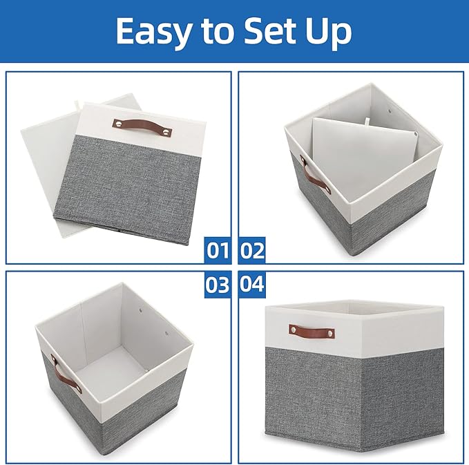 Temary 13x13 Storage Cubes 4 Pack Fabric Cube Storage Bins Large Storage Baskets with Leather Handles, Decorative Storage Box