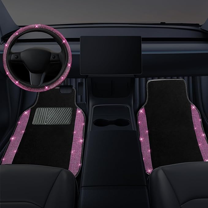 NBTEPEM Bling Car Floor Mats Full Set and Steering Wheel Cover, Universal Fit Most Cars, 4 pcs Sparkle Glitter Diamond Carpet, 5 pcs Bling Car Accessories Set for Women (Pink Diamond)