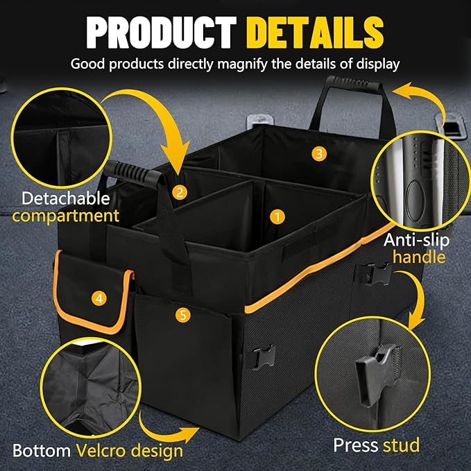 95L Car Trunk Organizer with 2 Tie-Down Straps&2 Removable Dividers|Foldable Cover,Multi-Compartment Collapsible Storage Box f