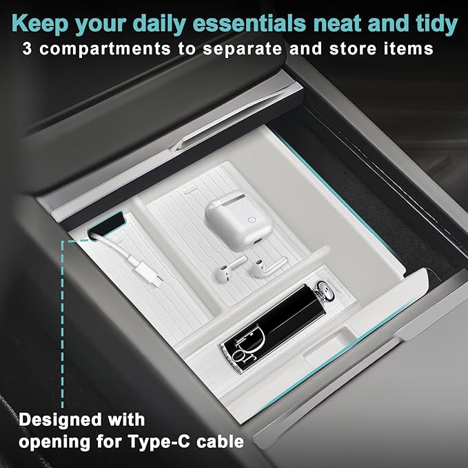 BestEvMod 5PCS Center Console Organizer Compatible with 2026 2025 Tesla New Model Y Juniper Accessories ABS Slide Smoothly Cup Holder Insert Wireless Charger Mat Silicone (White) Not fit Standard