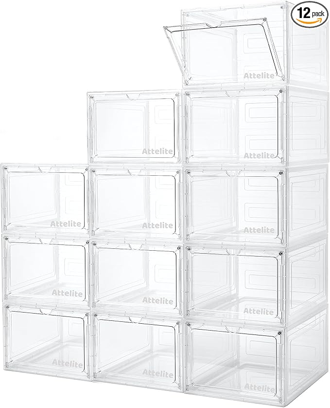 Attelite Upgrade 12pack Shoe Box Storage Containers,Thicken Sturdy Clear Stackable Plastic Shoe Organizer Box with Magnetic D