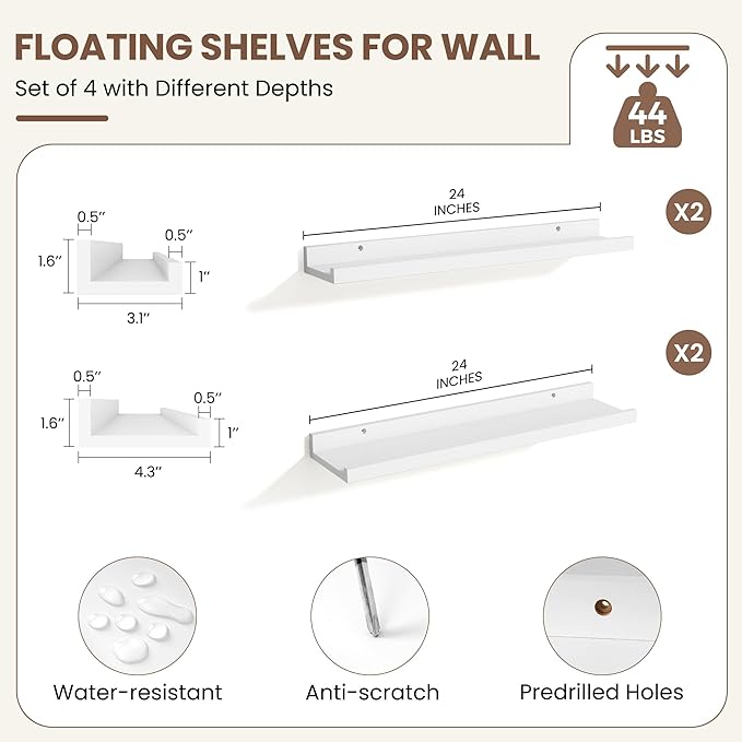 Fun Memories Picture Ledge Shelf, White Floating Shelves Set of 4, 24 Inch Picture Shelves for Wall with Ledge, Large Nursery