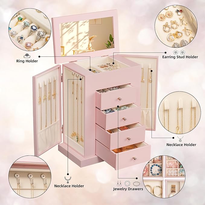 Emfogo Jewelry Boxes for Women, 5-Layer Large Leather Jewelry Organizer Box with Mirror and Drawers, Jewelry Storage for Neck