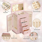 Emfogo Jewelry Boxes for Women, 5-Layer Large Leather Jewelry Organizer Box with Mirror and Drawers, Jewelry Storage for Neck