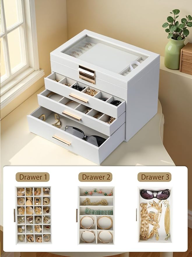 BOOVO Jewelry Boxes for Women, White and Black 6 Layer Large Jewelry Box for Necklace, Bracelet, Earrings, Rings Storage, Jew