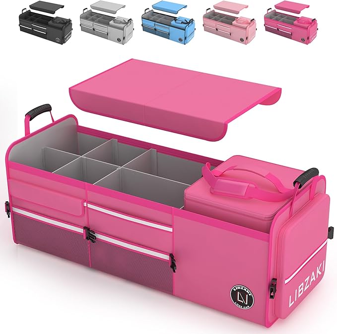 LIBZAKI Oversize 4 in 1 Car Trunk Storage Organizer, Multi Compartment Collapsible Trunk Storage Box with Cooler Bag for Car