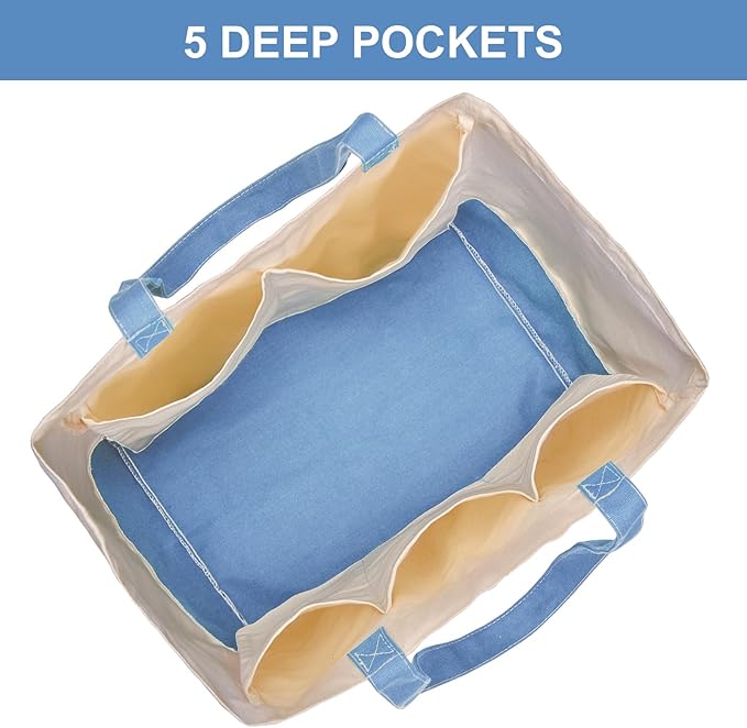Reusable Grocery Bags Heavy Duty, 8.3 gal Foldable Large Canvas Tote Bag with Handles, Holds 60 lbs Canvas Shopping Bags, 1 Pack（Off White+Light Blue）