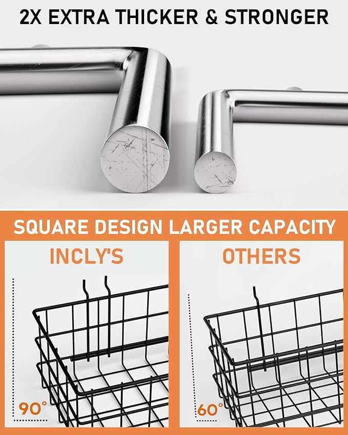 INCLY 1/4“ Extra Thick Pegboard Accessories Kit, 100PCS Heavy Duty Metal Peg Board Hook Assortment with 3 Sizes Basket S/M/L 