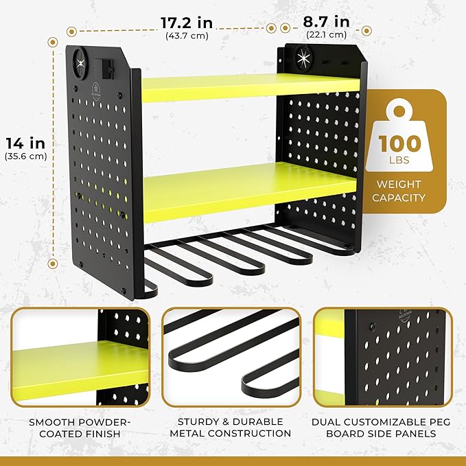 BUILTSTRONG Power Tool Organizer - 6 Drill Holder Wall Mount, 3-Tier Heavy-Duty Hand Tool Storage Rack With 2 Pegboard Sides 