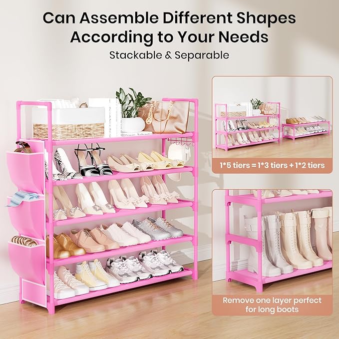 VILICK Shoe Rack for Closet Shoe Organizer Space Saver Storage for 20-25 Pair Shoe Shelf with Hook and Side Pocket Free Stand