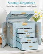 TORIBIO Jewelry Box for Women, Leather Jewelry Organizer with Mirror & Lock, 5-Tier Jewelry Storage Organizer with 4 Drawers 