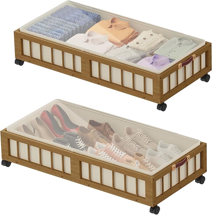 efluky 2-Pack Bamboo Under Bed Storage with Wheels, Rolling UnderBed Storage Basket with Large Dust Bag, Under Bed Storage Co