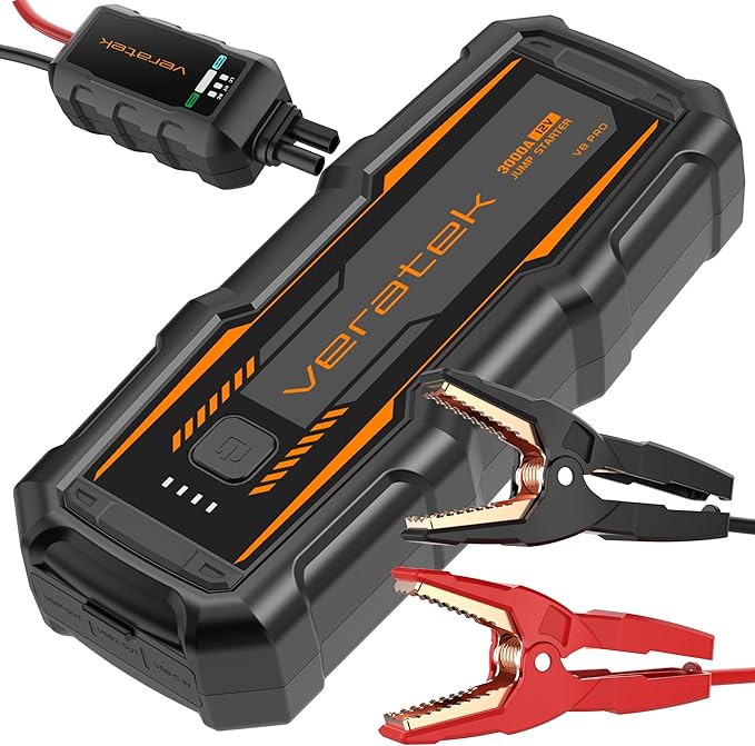 ReelCharge - Veratek V8 Pro 3000A Car Battery Jump Starter Portable (8.0L Gas & 6.0L Diesel) - 12V Lithium Battery Booster