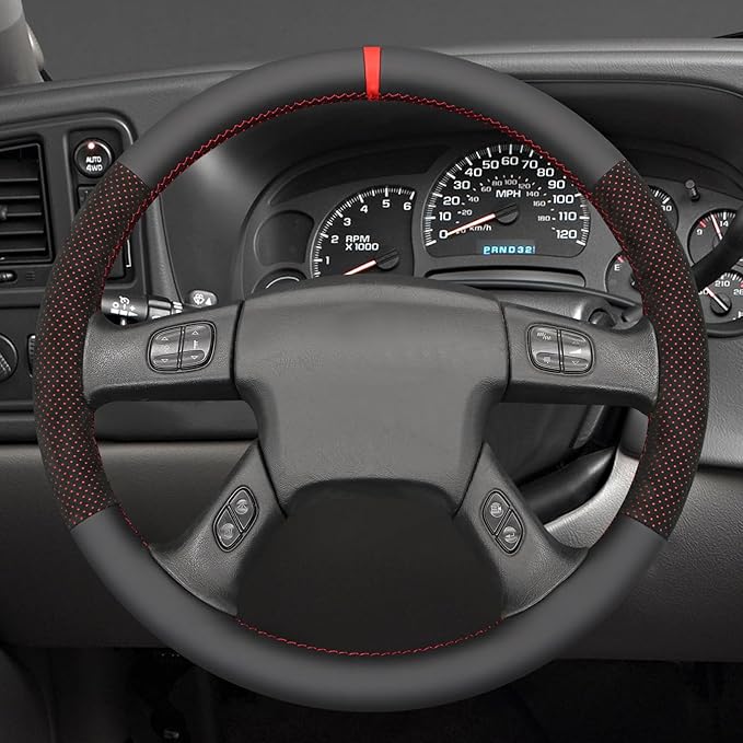 MEWANT Hand Stitched Steering Wheel Cover for Chevy Silverado 1500 2003-2006 Mesh Athsuede Real Leather Steering Wrap